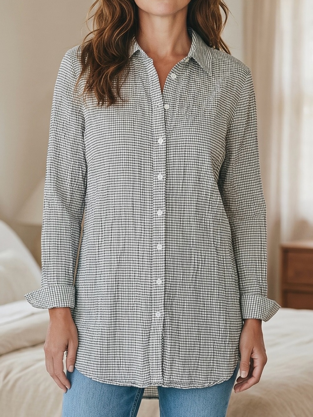 Finley mini-check memory yarn Button-Down Shirt gauzy seam pattern cuffed Large